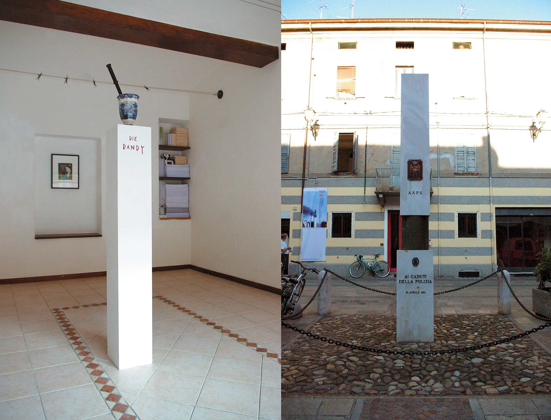 US1006 (Die Dandy) 2010, porcelain, wood, police baton, lipstick (installed near a monument to the fallenpolicemen in Sassuolo, Italy), 220 x 22 x 22 cm.